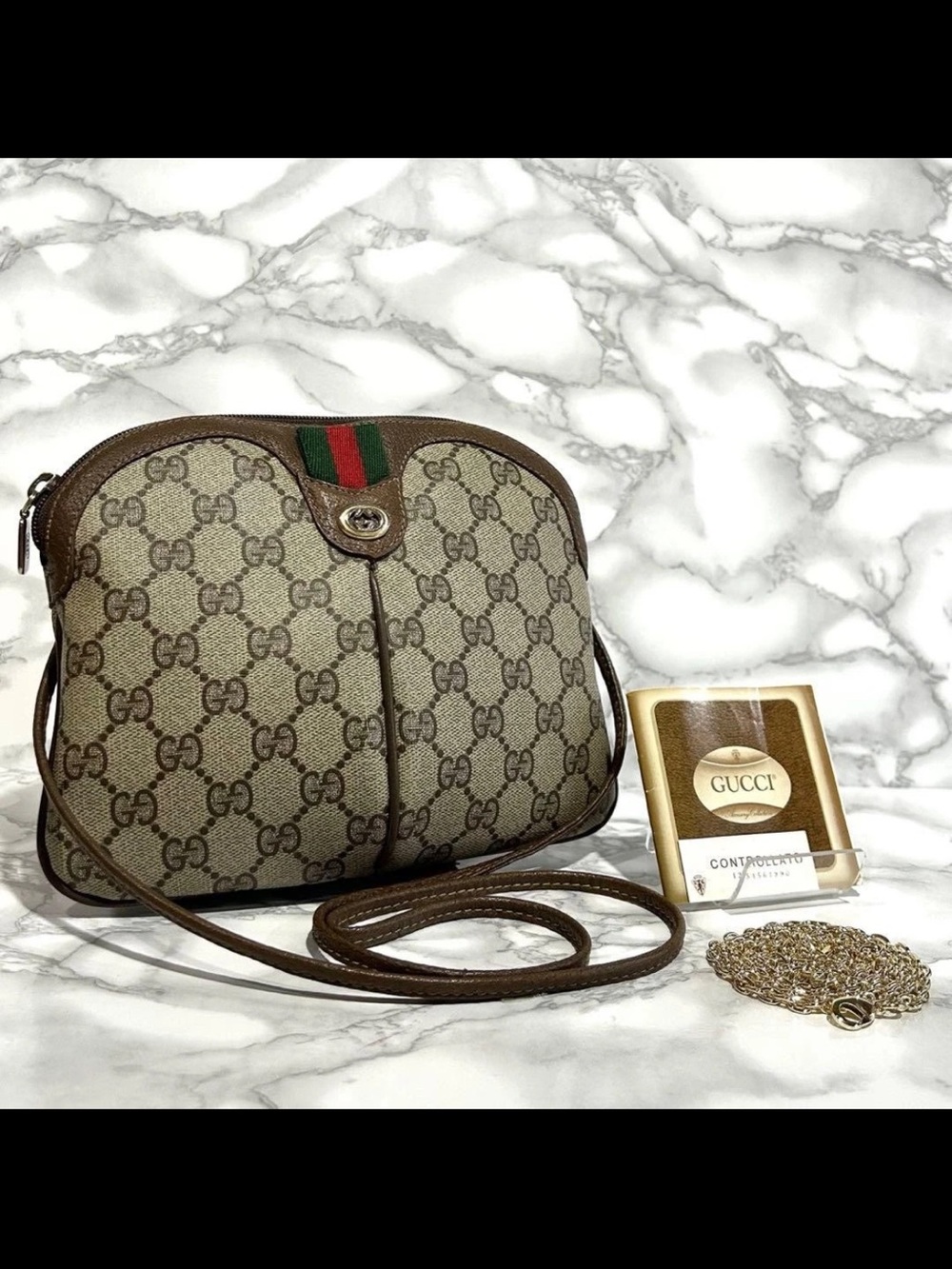 Gucci Brown GG Canvas Crossbody Bag with Web Stripe
